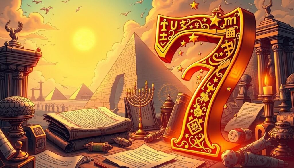 A vibrant and intricate composition showcasing the cultural and historical significance of the number seven. In the foreground, a large golden seven appears, adorned with symbols representing various cultures, such as a lucky seven from Western traditions, a seven-branched menorah from Jewish heritage, and seven stars representing luck in Asian cultures. The middle ground features elements like ancient scrolls, archives with scripts highlighting fun facts about the number seven, and different objects like dice and tarot cards, alluding to games of chance. The background includes subtle hints of world landmarks, such as the pyramids and ancient temples, softly illuminated by a warm golden light to create a mystical atmosphere. The overall mood should inspire wonder and curiosity, inviting viewers to explore the lore surrounding the number seven. A vibrant and intricate composition showcasing the cultural and historical significance of the number seven. In the foreground, a large golden seven appears, adorned with symbols representing various cultures, such as a lucky seven from Western traditions, a seven-branched menorah from Jewish heritage, and seven stars representing luck in Asian cultures. The middle ground features elements like ancient scrolls, archives with scripts highlighting fun facts about the number seven, and different objects like dice and tarot cards, alluding to games of chance. The background includes subtle hints of world landmarks, such as the pyramids and ancient temples, softly illuminated by a warm golden light to create a mystical atmosphere. The overall mood should inspire wonder and curiosity, inviting viewers to explore the lore surrounding the number seven.