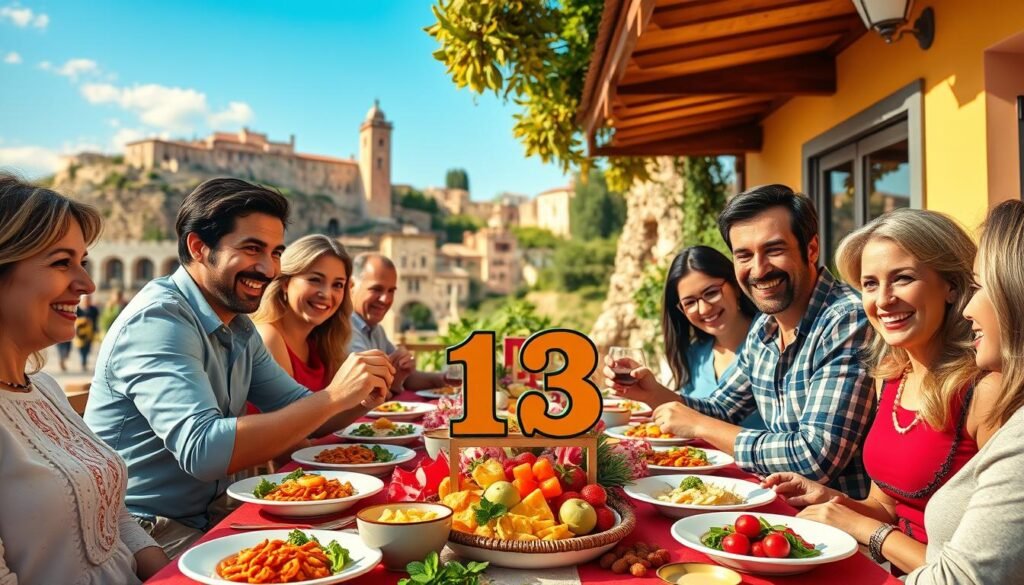 A vibrant and inviting scene that symbolizes the positive aspects of the number 13 in Italian culture. In the foreground, a cheerful Italian family gathered around a table, enjoying a festive meal, with a beautifully set table featuring 13 dishes. In the middle, colorful decorations reflecting Italian traditions and symbols, such as a small, artistic representation of the number 13 surrounded by lucky charms like horseshoes and four-leaf clovers. In the background, a picturesque Italian village with historic architecture and lush greenery under a bright, clear blue sky. Soft golden lighting enhances the warm atmosphere, creating a sense of celebration and community. The angle is slightly elevated, capturing both the joyous gathering and the idyllic landscape beyond.