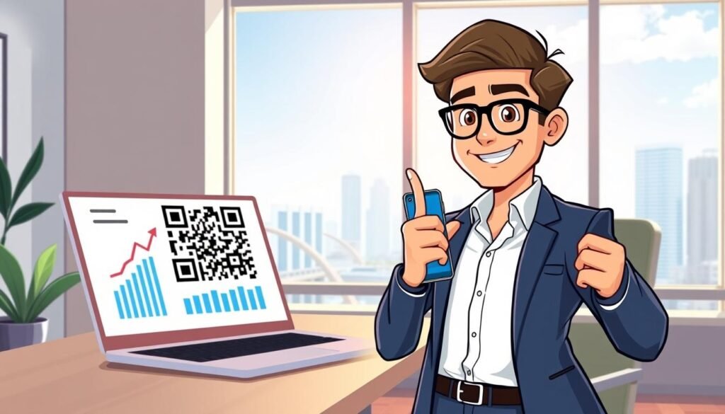 A vibrant and modern office setting showcasing the benefits of using a QR code for business. In the foreground, a confident business professional, dressed in smart casual attire, holds a smartphone displaying a QR code, while pointing at it with enthusiasm. In the middle ground, a sleek laptop is open on a stylish desk, with visible charts and analytics suggesting increased engagement and sales. The background features a large, bright window overlooking a cityscape, symbolizing growth and opportunity. Soft, natural lighting illuminates the scene, creating a warm and inviting atmosphere. The composition captures a sense of innovation and forward-thinking, emphasizing the simplicity and efficiency of QR codes in business. A vibrant and modern office setting showcasing the benefits of using a QR code for business. In the foreground, a confident business professional, dressed in smart casual attire, holds a smartphone displaying a QR code, while pointing at it with enthusiasm. In the middle ground, a sleek laptop is open on a stylish desk, with visible charts and analytics suggesting increased engagement and sales. The background features a large, bright window overlooking a cityscape, symbolizing growth and opportunity. Soft, natural lighting illuminates the scene, creating a warm and inviting atmosphere. The composition captures a sense of innovation and forward-thinking, emphasizing the simplicity and efficiency of QR codes in business.