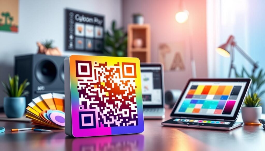 A vibrant and modern setting showcasing a visually striking custom QR code design. In the foreground, display a large QR code creatively integrated with colorful geometric patterns and gradients, designed to attract attention. Surround it with various design elements such as color swatches, digital tools, and playful motifs, representing customization options. The middle ground features a sleek workspace with a laptop, design software on the screen displaying QR code variations, and a tablet showcasing color palettes. In the background, incorporate a softly blurred, creative studio environment with ambient lighting, casting a warm glow, enhancing the artistic atmosphere. Capture the image from a slight angle to create depth, evoking a mood of creativity and accessibility in designing personalized QR codes.