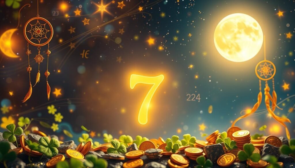 A vibrant and mystical representation of a "lucky number" concept. In the foreground, a softly glowing number seven, surrounded by delicate gold coins and four-leaf clovers, symbolizing luck and prosperity. In the middle ground, a serene and inviting assortment of diverse symbols representing numbers, dream catchers, and astrological signs, all intertwined with gentle wisps of ethereal light. The background features a dreamy night sky, dotted with twinkling stars and a radiant full moon, casting a soft, warm glow over the scene. Use soft focus with bokeh effects for the lighting, creating a magical, uplifting atmosphere that evokes curiosity and inspiration. The overall mood is optimistic and enchanting, perfect for exploring the meaning behind lucky numbers. A vibrant and mystical representation of a "lucky number" concept. In the foreground, a softly glowing number seven, surrounded by delicate gold coins and four-leaf clovers, symbolizing luck and prosperity. In the middle ground, a serene and inviting assortment of diverse symbols representing numbers, dream catchers, and astrological signs, all intertwined with gentle wisps of ethereal light. The background features a dreamy night sky, dotted with twinkling stars and a radiant full moon, casting a soft, warm glow over the scene. Use soft focus with bokeh effects for the lighting, creating a magical, uplifting atmosphere that evokes curiosity and inspiration. The overall mood is optimistic and enchanting, perfect for exploring the meaning behind lucky numbers.