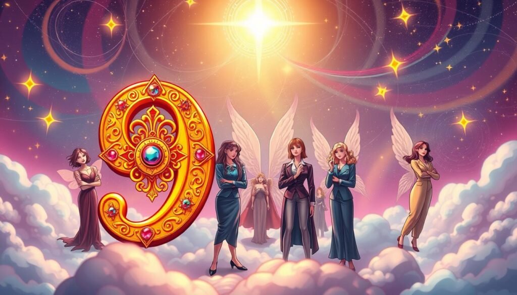 A vibrant and mystical representation of the number 9, surrounded by various symbols of luck. In the foreground, a stylized golden number 9 glows warmly, adorned with intricate patterns and gemstones. The middle ground features personality traits associated with the number, illustrated through ethereal figures in elegant professional attire, with thoughtful expressions and engaging poses—depicting creativity, compassion, and wisdom. The background is a dreamy landscape of swirling stars and soft pastel colors, suggesting a magical atmosphere. Soft lighting emanates from the number, casting gentle shadows and creating a serene mood. Use a wide-angle lens to capture the entire scene, highlighting the enchanting connection between the number and its symbolic traits. A vibrant and mystical representation of the number 9, surrounded by various symbols of luck. In the foreground, a stylized golden number 9 glows warmly, adorned with intricate patterns and gemstones. The middle ground features personality traits associated with the number, illustrated through ethereal figures in elegant professional attire, with thoughtful expressions and engaging poses—depicting creativity, compassion, and wisdom. The background is a dreamy landscape of swirling stars and soft pastel colors, suggesting a magical atmosphere. Soft lighting emanates from the number, casting gentle shadows and creating a serene mood. Use a wide-angle lens to capture the entire scene, highlighting the enchanting connection between the number and its symbolic traits.