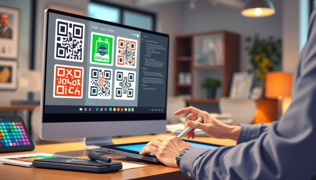 A vibrant and visually appealing image of a QR code design process. In the foreground, show a computer screen displaying various colorful QR code designs featuring different styles and logos. Include a creative workspace with design tools like a graphics tablet and color palettes. In the middle ground, depict hands of a professional designer working on the screen, wearing modest casual clothing. The background should be a stylish office with soft lighting, featuring contemporary decor. Use a slight angle to evoke depth and focus on the intricate details of the QR codes. The mood is creative and inspiring, showcasing innovation in design with a modern touch. A vibrant and visually appealing image of a QR code design process. In the foreground, show a computer screen displaying various colorful QR code designs featuring different styles and logos. Include a creative workspace with design tools like a graphics tablet and color palettes. In the middle ground, depict hands of a professional designer working on the screen, wearing modest casual clothing. The background should be a stylish office with soft lighting, featuring contemporary decor. Use a slight angle to evoke depth and focus on the intricate details of the QR codes. The mood is creative and inspiring, showcasing innovation in design with a modern touch.