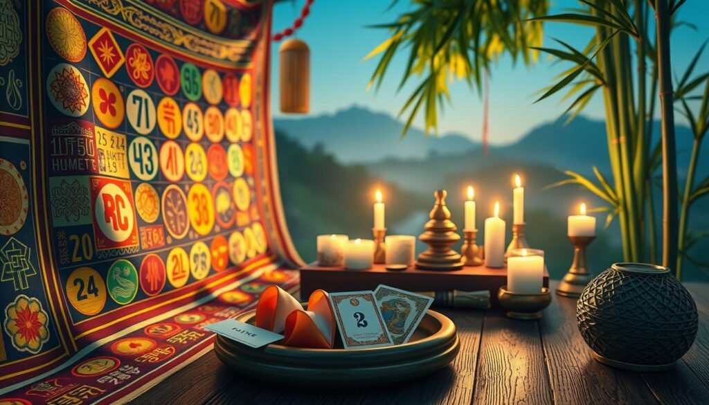 A vibrant and visually engaging composition exploring the cultural roots of lucky numbers. In the foreground, an intricate tapestry depicting various symbols representing lucky numbers from different cultures, such as Chinese, Indian, and Western. The colors are bright and inviting, with gold and red tones representing luck and prosperity. In the middle ground, a serene setting featuring a traditional wooden table adorned with fortune cookies, tarot cards, and candles, casting a warm glow. In the background, hints of natural elements like bamboo and a softly blurred landscape create a peaceful atmosphere. Illuminated by soft, ambient lighting, the mood is mystical yet inviting, invoking curiosity about the significance of lucky numbers in various cultures. A vibrant and visually engaging composition exploring the cultural roots of lucky numbers. In the foreground, an intricate tapestry depicting various symbols representing lucky numbers from different cultures, such as Chinese, Indian, and Western. The colors are bright and inviting, with gold and red tones representing luck and prosperity. In the middle ground, a serene setting featuring a traditional wooden table adorned with fortune cookies, tarot cards, and candles, casting a warm glow. In the background, hints of natural elements like bamboo and a softly blurred landscape create a peaceful atmosphere. Illuminated by soft, ambient lighting, the mood is mystical yet inviting, invoking curiosity about the significance of lucky numbers in various cultures.