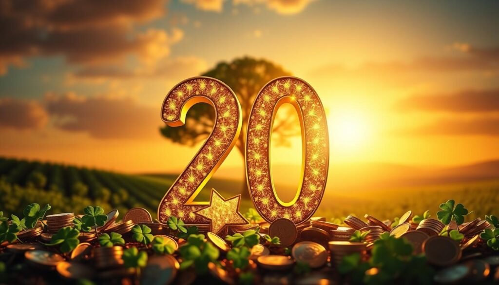 A vibrant and visually engaging scene centered around the number 20, depicted in bold, golden typography that sparkles with luck. In the foreground, ornate symbols of luck and fortune, such as four-leaf clovers, horseshoes, and coins, surround the number. The middle ground features a rich, lush landscape, bathed in soft sunlight, with a serene tree symbolizing growth and prosperity. The background showcases a soft-focus sky transitioning from a warm sunset to a starry night, creating an atmospheric blend of day and night. Overall, the mood is optimistic and curious, inviting viewers to ponder the significance of luck in numbers. Ideal lighting enhances the glimmering gold of the number 20, making it the focal point of this enchanting composition. A vibrant and visually engaging scene centered around the number 20, depicted in bold, golden typography that sparkles with luck. In the foreground, ornate symbols of luck and fortune, such as four-leaf clovers, horseshoes, and coins, surround the number. The middle ground features a rich, lush landscape, bathed in soft sunlight, with a serene tree symbolizing growth and prosperity. The background showcases a soft-focus sky transitioning from a warm sunset to a starry night, creating an atmospheric blend of day and night. Overall, the mood is optimistic and curious, inviting viewers to ponder the significance of luck in numbers. Ideal lighting enhances the glimmering gold of the number 20, making it the focal point of this enchanting composition.