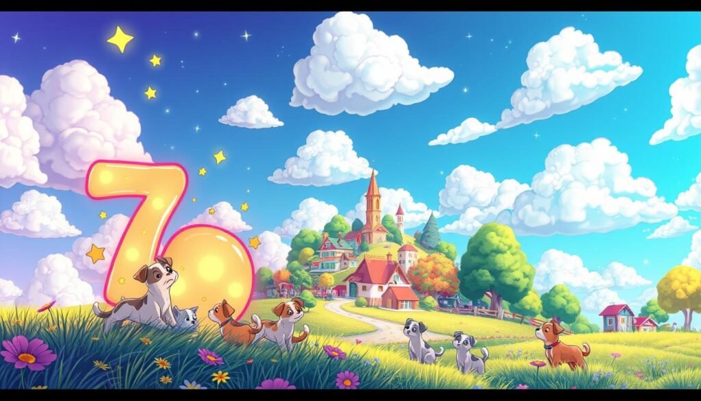 A vibrant and whimsical digital landscape inspired by the game "Adopt Me." In the foreground, feature a large, glowing number 7, symbolizing luck, adorned with playful, cartoon-style patterns like stars and rainbows. Surround the number with adorable, animated pets like puppies and kittens, playfully interacting with each other. In the middle ground, depict a colorful, fantastical village scene with charming houses and trees under a bright blue sky filled with fluffy white clouds. The atmosphere should be cheerful and inviting, with warm, soft lighting to evoke a sense of joy and optimism. Capture this scene with a slight upward angle, creating a sense of wonder, as if the viewer is looking up to a magical world.