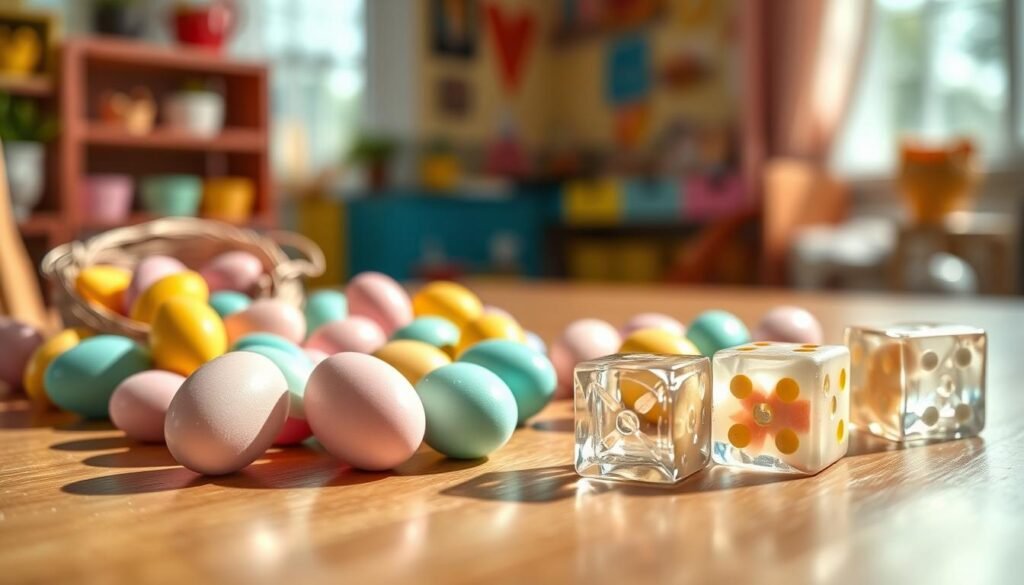 A vibrant and whimsical scene featuring a colorful assortment of candy eggs and sparkling sugar dice as rewards. In the foreground, a close-up display of shiny candy eggs in various pastel colors—soft pinks, mint greens, and sunny yellows—paired with translucent sugar dice, glistening under a playful light. The middle ground contains a textured tabletop that reflects the cheerful hues of the treats, creating a warm and inviting atmosphere. In the background, a softly blurred setting resembling a cozy game room with hints of playful decor. The lighting is bright and cheerful, enhancing the sweetness of the scene, with a shallow depth of field focusing on the candy and dice, evoking excitement and anticipation.
