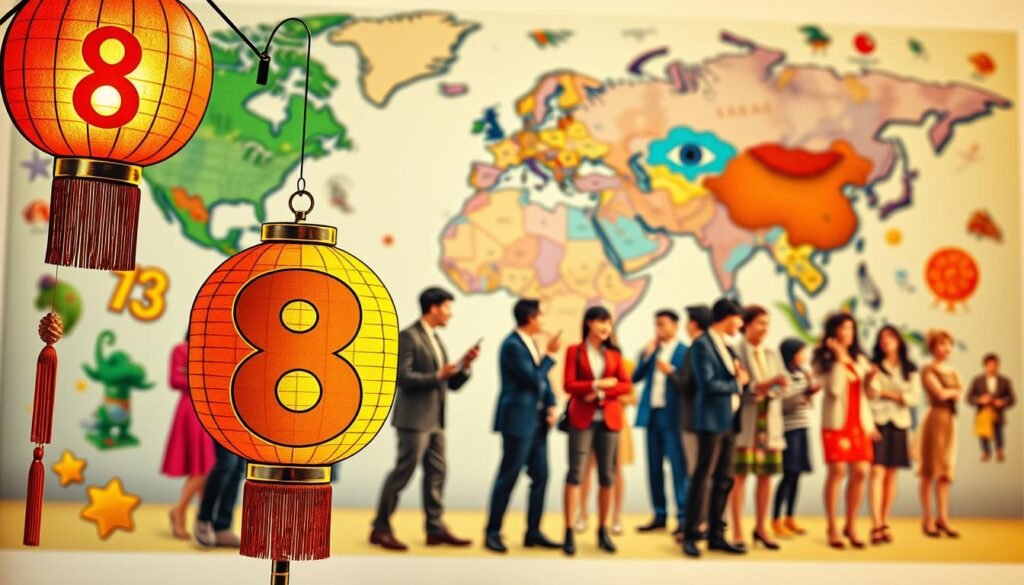 A vibrant, artistic collage representing lucky numbers from various cultures around the world. In the foreground, feature a glowing Chinese lantern with the number 8, symbolizing prosperity, surrounded by colorful symbols like the Italian '13' and the Japanese '7'. In the middle ground, display multicultural figures, dressed in professional attire, engaged in a celebration or discussing their lucky numbers, showcasing diversity. The background should consist of a soft focus map of the world, blending colors to symbolize global unity in beliefs. Use warm, inviting lighting to create a joyful atmosphere, with a slight tilt angle to enhance the depth of the scene, inviting viewers to explore the cultural significance of these numbers.
