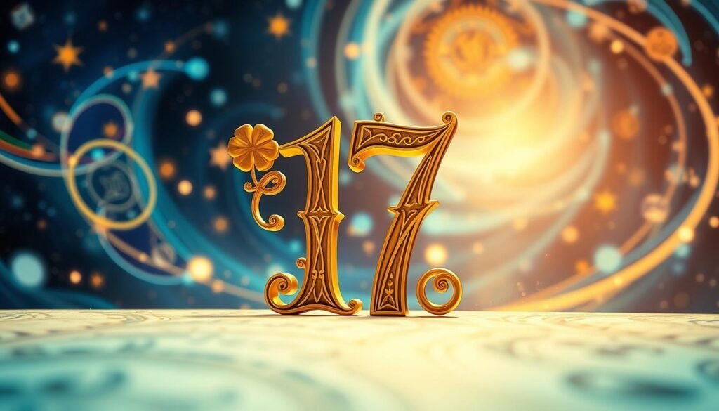 A vibrant, captivating scene illustrating the concept of the number 17 being a lucky number. In the foreground, an elegant golden number "17" is creatively designed with ornate, mythical symbols around it, such as a four-leaf clover and a horseshoe, alluding to luck. The middle ground features a swirling cosmic backdrop with soft, ethereal lights, starry patterns, and deep blues, suggesting a mystical atmosphere linked to numerology. The background should include abstract representations of numbers and symbols from different cultures, softly blurred to keep the focus on the foreground. The lighting is warm and inviting, creating an aura of positivity and fortune. Capture the image from a slightly low angle to enrich the depth and significance of the number 17, emphasizing its importance and allure in the composition. A vibrant, captivating scene illustrating the concept of the number 17 being a lucky number. In the foreground, an elegant golden number "17" is creatively designed with ornate, mythical symbols around it, such as a four-leaf clover and a horseshoe, alluding to luck. The middle ground features a swirling cosmic backdrop with soft, ethereal lights, starry patterns, and deep blues, suggesting a mystical atmosphere linked to numerology. The background should include abstract representations of numbers and symbols from different cultures, softly blurred to keep the focus on the foreground. The lighting is warm and inviting, creating an aura of positivity and fortune. Capture the image from a slightly low angle to enrich the depth and significance of the number 17, emphasizing its importance and allure in the composition.