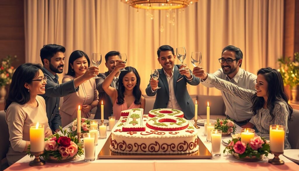 A vibrant celebration of life centered around the number 18, featuring a beautifully set table adorned with candles and floral arrangements. In the foreground, diverse individuals, dressed in modest, professional attire, are joyfully toasting with elegant glasses. The middle ground showcases a large, artistic cake shaped like the number 18, decorated with intricate patterns and symbols of life such as trees and doves. In the background, soft, warm lighting creates an inviting atmosphere, accentuated by gentle bokeh effects. The setting should evoke feelings of warmth, community, and spirituality, highlighting the significance of 18 in celebrating milestones and life events. The scene should be captured from a slightly elevated angle to provide a comprehensive view of the celebratory ambiance. A vibrant celebration of life centered around the number 18, featuring a beautifully set table adorned with candles and floral arrangements. In the foreground, diverse individuals, dressed in modest, professional attire, are joyfully toasting with elegant glasses. The middle ground showcases a large, artistic cake shaped like the number 18, decorated with intricate patterns and symbols of life such as trees and doves. In the background, soft, warm lighting creates an inviting atmosphere, accentuated by gentle bokeh effects. The setting should evoke feelings of warmth, community, and spirituality, highlighting the significance of 18 in celebrating milestones and life events. The scene should be captured from a slightly elevated angle to provide a comprehensive view of the celebratory ambiance.