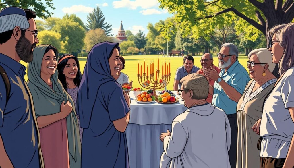A vibrant celebration of life symbolized by the number 18, featuring a joyous gathering of people in a community setting. In the foreground, diverse individuals dressed in modest casual clothing engage in joyous conversation and laughter, with traditional Jewish symbols subtly incorporated into their surroundings, such as menorahs and Star of David decorations. The middle ground displays a beautifully arranged table adorned with 18 festive candles and colorful fruits, representing abundance and gratitude. In the background, a serene park setting with lush greenery and a clear blue sky enhances the celebratory mood. Soft, warm lighting casts gentle shadows, creating an inviting atmosphere. The composition captures the essence of community, joy, and the significance of the number 18 in everyday life. A vibrant celebration of life symbolized by the number 18, featuring a joyous gathering of people in a community setting. In the foreground, diverse individuals dressed in modest casual clothing engage in joyous conversation and laughter, with traditional Jewish symbols subtly incorporated into their surroundings, such as menorahs and Star of David decorations. The middle ground displays a beautifully arranged table adorned with 18 festive candles and colorful fruits, representing abundance and gratitude. In the background, a serene park setting with lush greenery and a clear blue sky enhances the celebratory mood. Soft, warm lighting casts gentle shadows, creating an inviting atmosphere. The composition captures the essence of community, joy, and the significance of the number 18 in everyday life.