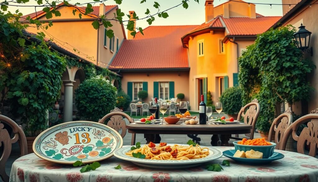 A vibrant celebration of the lucky number 13 in Italian culture, featuring a beautifully decorated table set in a traditional Italian courtyard. In the foreground, a large, ornate ceramic plate displays the number 13 surrounded by symbolic good luck charms like four-leaf clovers and horseshoes. The middle ground includes flowing vines adorned with fairy lights and a rustic wooden table laden with Italian delicacies such as pasta and wine. In the background, a classic Italian villa with red-tiled roofs bathed in golden sunset light creates a warm, inviting atmosphere. The scene is captured with a wide-angle lens, soft focus on the edges to enhance the joyful and enchanting mood, reflecting the cultural significance of 13 as a number of fortune and positivity.