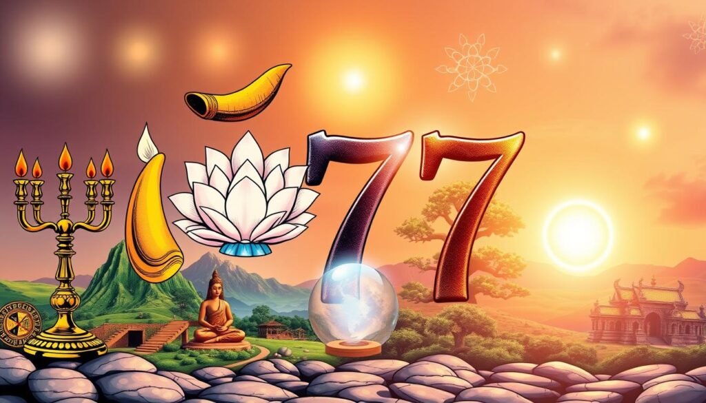 A vibrant collage representing the cultural and religious significance of the number seven. In the foreground, display seven diverse symbols: a traditional Jewish menorah, a Hindu sacred chanting conch, seven beautifully arranged petals for a lotus, a crystal ball symbolizing fortune, a set of seven stars twinkling in the night sky, a circular wheel representing dharma, and the number seven artistically integrated with a Celtic knot. The middle ground features serene landscapes from various cultures, such as an ancient temple and a natural scene with seven sacred trees. The background showcases a soft, ethereal light illuminating the entire scene, with a warm glow suggesting spiritual enlightenment. Use a soft focus to create a dreamlike atmosphere, emphasizing the interconnectedness of the number seven across cultures and religions. A vibrant collage representing the cultural and religious significance of the number seven. In the foreground, display seven diverse symbols: a traditional Jewish menorah, a Hindu sacred chanting conch, seven beautifully arranged petals for a lotus, a crystal ball symbolizing fortune, a set of seven stars twinkling in the night sky, a circular wheel representing dharma, and the number seven artistically integrated with a Celtic knot. The middle ground features serene landscapes from various cultures, such as an ancient temple and a natural scene with seven sacred trees. The background showcases a soft, ethereal light illuminating the entire scene, with a warm glow suggesting spiritual enlightenment. Use a soft focus to create a dreamlike atmosphere, emphasizing the interconnectedness of the number seven across cultures and religions.