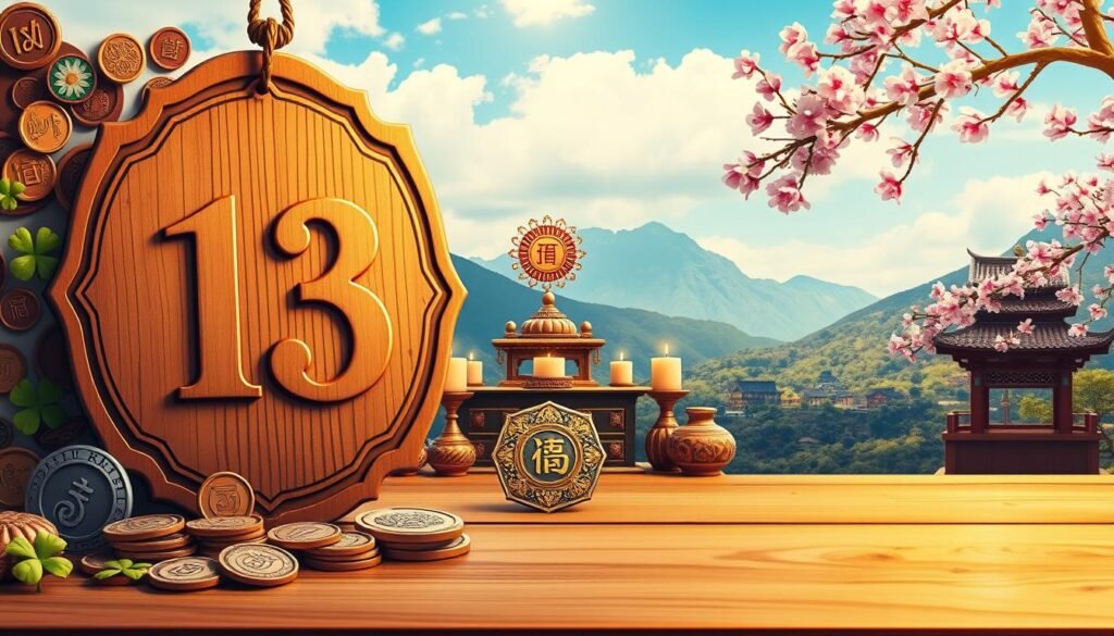 A vibrant collage showcasing the number 13 represented in different cultural contexts. In the foreground, a beautifully crafted wooden plaque engraved with the number 13, surrounded by symbols of luck like horseshoes, four-leaf clovers, and traditional Chinese coins. In the middle ground, a serene altar with candles and flowers represents its significance in Hinduism, alongside a small, ornate Japanese decoration featuring the number. In the background, a tranquil Asian landscape with cherry blossom trees and a crisp blue sky, symbolizing harmony and fortune. Soft, golden lighting casts a warm glow over the scene, creating an uplifting and inviting atmosphere, while maintaining a balanced perspective. The overall mood is one of unity and celebration of cultural diversity regarding the number 13 as a symbol of good fortune. A vibrant collage showcasing the number 13 represented in different cultural contexts. In the foreground, a beautifully crafted wooden plaque engraved with the number 13, surrounded by symbols of luck like horseshoes, four-leaf clovers, and traditional Chinese coins. In the middle ground, a serene altar with candles and flowers represents its significance in Hinduism, alongside a small, ornate Japanese decoration featuring the number. In the background, a tranquil Asian landscape with cherry blossom trees and a crisp blue sky, symbolizing harmony and fortune. Soft, golden lighting casts a warm glow over the scene, creating an uplifting and inviting atmosphere, while maintaining a balanced perspective. The overall mood is one of unity and celebration of cultural diversity regarding the number 13 as a symbol of good fortune.