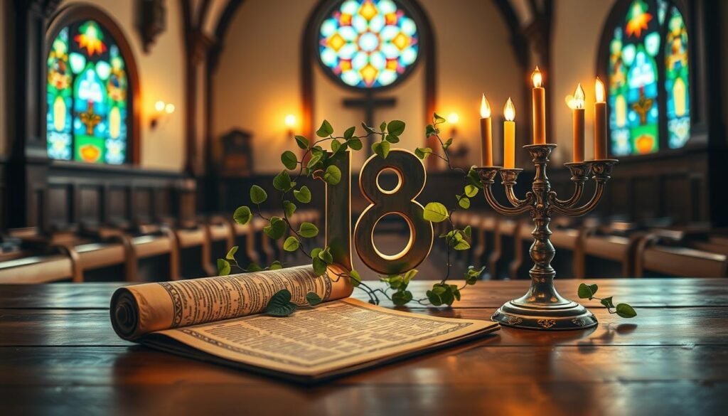 A vibrant composition illustrating the significance of the number 18 in Judaism. In the foreground, a beautifully designed ancient scroll and a Menorah are thoughtfully placed on a wooden table, emitting a warm glow. In the middle, symbolic representations of the Hebrew letters "Chet" and "Yud," which together form "Chai" (life), are elegantly intertwined with lush green vines. In the background, a softly lit synagogue interior creates a serene atmosphere, with stained glass windows casting colorful patterns across the scene. The overall mood is one of reverence and celebration, highlighting the cultural roots of the number 18. The lighting is warm and inviting, showcasing the intricate details of the objects. Use a soft focus lens to enhance the depth and spirituality of the scene. A vibrant composition illustrating the significance of the number 18 in Judaism. In the foreground, a beautifully designed ancient scroll and a Menorah are thoughtfully placed on a wooden table, emitting a warm glow. In the middle, symbolic representations of the Hebrew letters "Chet" and "Yud," which together form "Chai" (life), are elegantly intertwined with lush green vines. In the background, a softly lit synagogue interior creates a serene atmosphere, with stained glass windows casting colorful patterns across the scene. The overall mood is one of reverence and celebration, highlighting the cultural roots of the number 18. The lighting is warm and inviting, showcasing the intricate details of the objects. Use a soft focus lens to enhance the depth and spirituality of the scene.