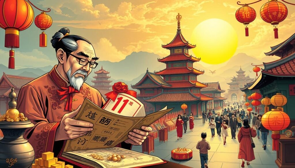 A vibrant composition showcasing the profound impact of numbers in Chinese culture. In the foreground, a traditional Chinese scholar, dressed in elegant, professional attire, studies an ancient manuscript adorned with symbols of lucky numbers, surrounded by artifacts that represent fortune, like gold ingots and red lanterns. In the middle ground, a bustling street scene is depicted, featuring people celebrating important events, such as weddings and birthdays, with decorations incorporating the number 11 prominently. The background features iconic Chinese architecture, such as pagodas and cityscape, under a golden sunset that bathes the scene in warm, hopeful light. The overall mood is celebratory and reflective, invoking the significance of numbers in shaping life and destiny in China. A vibrant composition showcasing the profound impact of numbers in Chinese culture. In the foreground, a traditional Chinese scholar, dressed in elegant, professional attire, studies an ancient manuscript adorned with symbols of lucky numbers, surrounded by artifacts that represent fortune, like gold ingots and red lanterns. In the middle ground, a bustling street scene is depicted, featuring people celebrating important events, such as weddings and birthdays, with decorations incorporating the number 11 prominently. The background features iconic Chinese architecture, such as pagodas and cityscape, under a golden sunset that bathes the scene in warm, hopeful light. The overall mood is celebratory and reflective, invoking the significance of numbers in shaping life and destiny in China.
