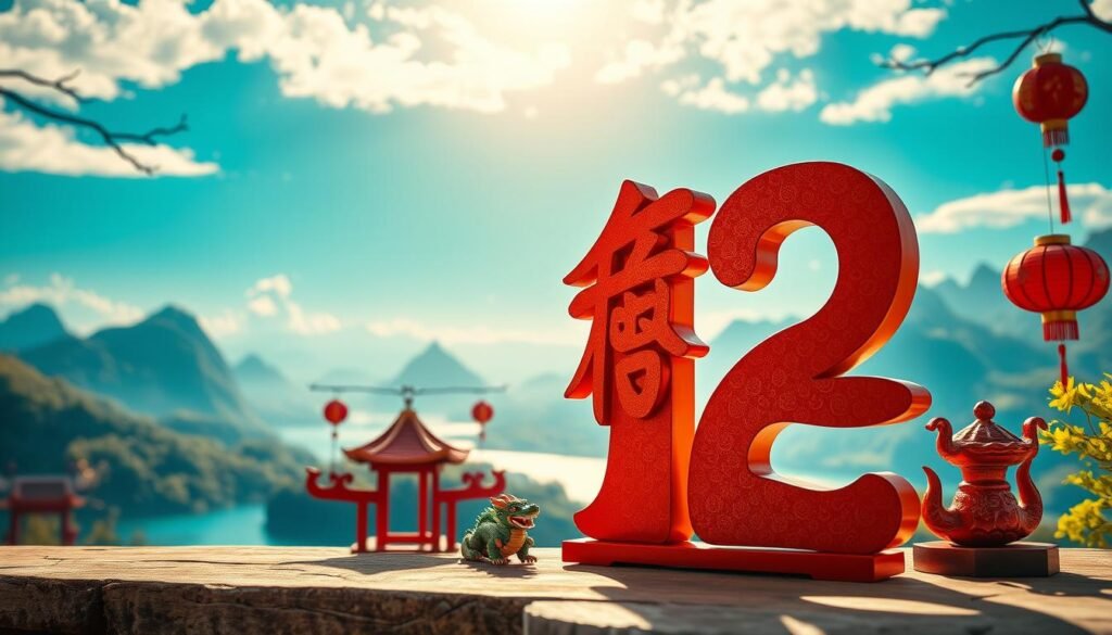 A vibrant, culturally rich composition featuring the number 12 prominently displayed in an artistic Chinese style. In the foreground, the number 12 is elegantly crafted with traditional Chinese calligraphy, adorned with subtle gold accents. The middle ground includes symbolic elements like a pair of red lanterns and a small jade dragon, representing luck and prosperity. The background features a serene Chinese landscape with lush mountains and a tranquil river under a bright blue sky. Soft, warm lighting enhances the scene, casting gentle shadows and creating a calming atmosphere. Capture this moment with a slight high-angle view to emphasize the significance of the number while maintaining clarity and detail throughout the composition. A vibrant, culturally rich composition featuring the number 12 prominently displayed in an artistic Chinese style. In the foreground, the number 12 is elegantly crafted with traditional Chinese calligraphy, adorned with subtle gold accents. The middle ground includes symbolic elements like a pair of red lanterns and a small jade dragon, representing luck and prosperity. The background features a serene Chinese landscape with lush mountains and a tranquil river under a bright blue sky. Soft, warm lighting enhances the scene, casting gentle shadows and creating a calming atmosphere. Capture this moment with a slight high-angle view to emphasize the significance of the number while maintaining clarity and detail throughout the composition.