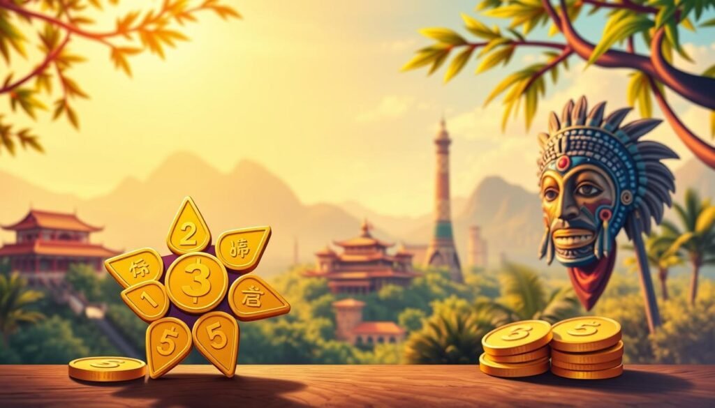 A vibrant, culturally rich illustration depicting the significance of the number five across various cultures. In the foreground, five golden coins arranged in a star shape symbolize prosperity and luck. The middle ground features cultural symbols associated with the number five: a Chinese red envelope representing good fortune, a Hispanic cinco de mayo celebration with festive colors, and an African tribal mask that embodies spiritual beliefs. In the background, a serene landscape showcases various landmarks from around the world, such as the Great Wall of China, traditional Mexican architecture, and a tropical African setting, all bathed in warm, inviting sunlight. The atmosphere is joyful and harmonious, inviting the viewer to explore the universal importance of the number five in different cultural contexts, with a soft focus effect emphasizing the connections between the elements. A vibrant, culturally rich illustration depicting the significance of the number five across various cultures. In the foreground, five golden coins arranged in a star shape symbolize prosperity and luck. The middle ground features cultural symbols associated with the number five: a Chinese red envelope representing good fortune, a Hispanic cinco de mayo celebration with festive colors, and an African tribal mask that embodies spiritual beliefs. In the background, a serene landscape showcases various landmarks from around the world, such as the Great Wall of China, traditional Mexican architecture, and a tropical African setting, all bathed in warm, inviting sunlight. The atmosphere is joyful and harmonious, inviting the viewer to explore the universal importance of the number five in different cultural contexts, with a soft focus effect emphasizing the connections between the elements.