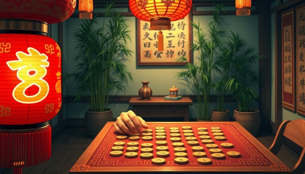 A vibrant, culturally rich scene illustrating the concept of lucky and unlucky numbers in Chinese culture. In the foreground, a beautifully detailed red and gold Chinese lantern featuring the number 8, symbolizing luck, alongside a less auspicious number like 4, displayed in a muted tone. In the middle, a traditional Chinese table adorned with small gold coins arranged by various numbers, perhaps with a pair of hands carefully placing them, dressed in modest casual clothing. In the background, a softly lit room filled with bamboo plants and intricate calligraphy hanging on the walls, creating an atmosphere of serenity and contemplation. The lighting is warm and inviting, capturing the essence of Chinese traditions, with a gentle focus using a slight vignette effect for depth. A vibrant, culturally rich scene illustrating the concept of lucky and unlucky numbers in Chinese culture. In the foreground, a beautifully detailed red and gold Chinese lantern featuring the number 8, symbolizing luck, alongside a less auspicious number like 4, displayed in a muted tone. In the middle, a traditional Chinese table adorned with small gold coins arranged by various numbers, perhaps with a pair of hands carefully placing them, dressed in modest casual clothing. In the background, a softly lit room filled with bamboo plants and intricate calligraphy hanging on the walls, creating an atmosphere of serenity and contemplation. The lighting is warm and inviting, capturing the essence of Chinese traditions, with a gentle focus using a slight vignette effect for depth.