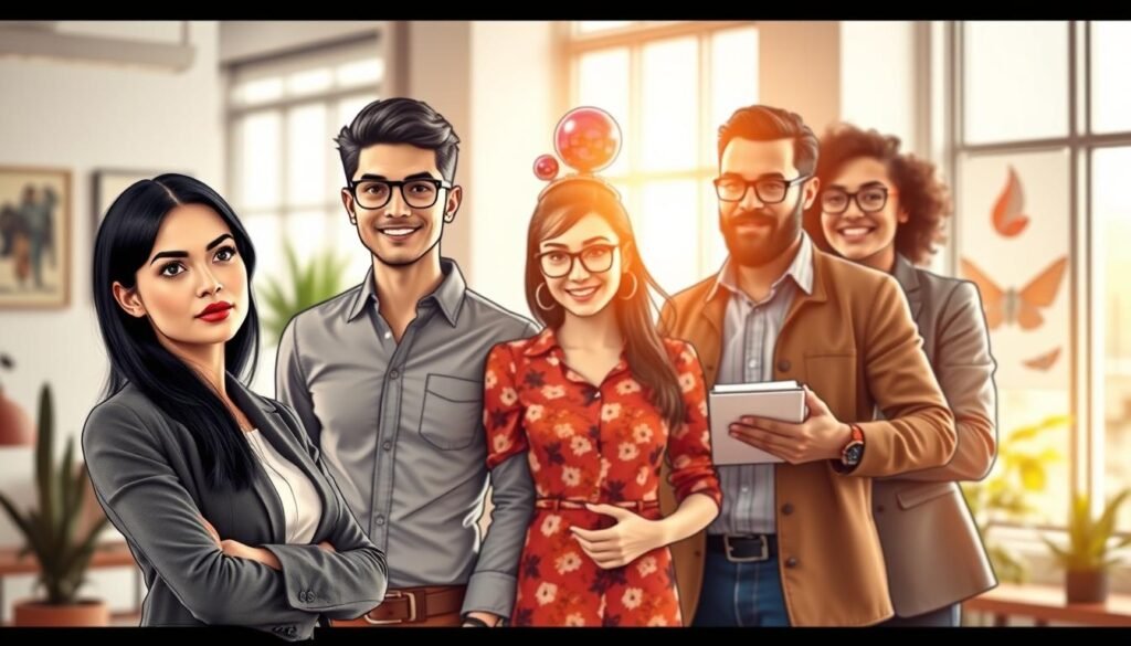 A vibrant depiction of a group of five diverse individuals showcasing the personality traits commonly associated with the number 11, standing confidently in a professional business setting. In the foreground, a thoughtful woman with sleek black hair, dressed in a smart blazer, appears contemplative; beside her, a charismatic man with an engaging smile and a casual button-up shirt expresses enthusiasm. In the middle, a woman radiates creativity with bright accessories and unique glasses, while a focused man with a notepad embodies a strategic mindset. The background features soft-focus elements like an office space with plants and inspirational artwork, illuminated by warm, natural light filtering through large windows. The atmosphere conveys a sense of collaboration, inspiration, and positivity, reflecting the uplifting nature of personality traits tied to number 11. A vibrant depiction of a group of five diverse individuals showcasing the personality traits commonly associated with the number 11, standing confidently in a professional business setting. In the foreground, a thoughtful woman with sleek black hair, dressed in a smart blazer, appears contemplative; beside her, a charismatic man with an engaging smile and a casual button-up shirt expresses enthusiasm. In the middle, a woman radiates creativity with bright accessories and unique glasses, while a focused man with a notepad embodies a strategic mindset. The background features soft-focus elements like an office space with plants and inspirational artwork, illuminated by warm, natural light filtering through large windows. The atmosphere conveys a sense of collaboration, inspiration, and positivity, reflecting the uplifting nature of personality traits tied to number 11.