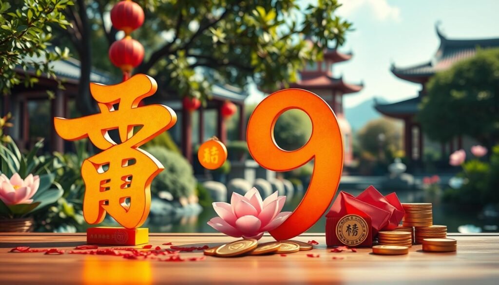 A vibrant depiction of lucky numbers central to Chinese culture. In the foreground, prominently display the numbers 8 and 9 artistically rendered in traditional Chinese calligraphy, glowing with a soft golden hue. Surrounding them, various symbols of good fortune, such as red envelopes (hongbao), lotus flowers, and coins, are elegantly arranged. The middle ground features a serene backdrop of a traditional Chinese garden, with lush greenery and a tranquil pond. To enhance the atmosphere, warm, soft lighting filters through, casting gentle shadows that add depth. In the background, a soft-focus view of a pagoda under a clear blue sky completes the scene. The overall mood is harmonious and optimistic, embodying the significance of lucky numbers in Chinese culture.