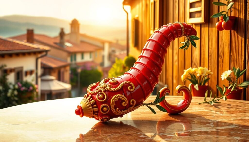 A vibrant depiction of the Italian symbol of good fortune, the "corno" (horn), intricately designed in red and gold hues, set against a rustic wooden backdrop. In the foreground, a beautifully crafted corno rests on a polished Italian marble surface, its curves catching the light. To enhance the cultural aspect, traditional Italian motifs, such as olive branches and small pasta shapes, are subtly integrated around it. The middle ground should show a warm, softly lit Italian street scene with terracotta rooftops and blooming flowers, evoking a sense of heritage. The background features a faint outline of rolling hills under a late afternoon golden sunlight, creating a tranquil and hopeful atmosphere. This image should exude warmth and positivity, ideal for symbolizing good fortune in Italian culture.