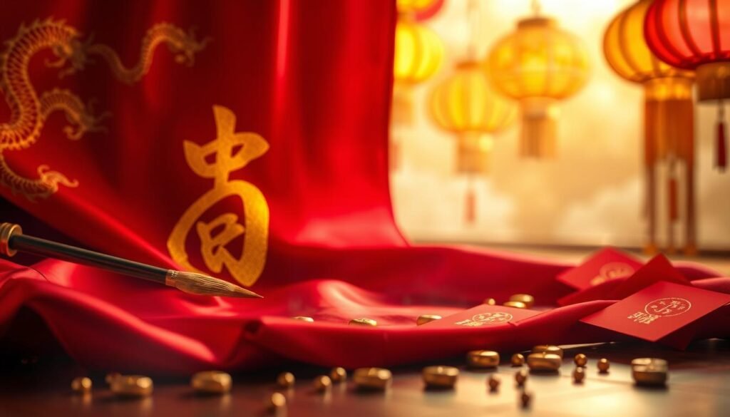A vibrant depiction of the number 8, intricately designed with traditional Chinese motifs such as dragons and clouds. In the foreground, a beautifully crafted Chinese calligraphy brush delicately writes the number 8 in elegant strokes against a rich red silk fabric, symbolizing luck and prosperity. The middle ground features polished gold ingots and a scattering of red envelopes, known as 'hongbao', which are traditionally given during celebrations to attract good fortune. In the background, soft golden light filters through decorative lanterns, creating an inviting and festive atmosphere. Capture the essence of reverence and joy surrounding the significance of the number 8 in Chinese culture, with deep shadows and warm highlights to enhance the mystical and celebratory mood.