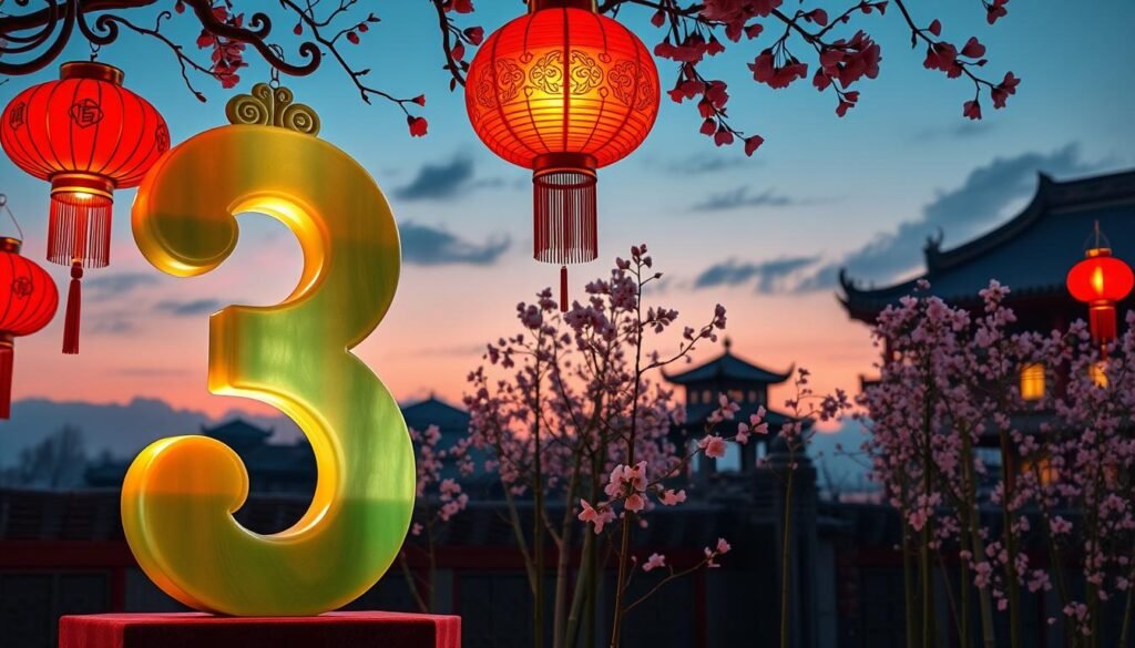 A vibrant depiction of the number three, elegantly integrated into a traditional Chinese setting. In the foreground, a large, ornate number three carved from jade, glowing softly with intricate gold filigree patterns. Surrounding it are three vibrant red lanterns, symbolizing good fortune, casting a warm, inviting light. In the middle ground, a serene bamboo garden with delicate cherry blossoms, alluding to harmony and prosperity, gently swaying in the breeze. The background features faint silhouettes of ancient Chinese architecture under a serene twilight sky. Use soft diffused lighting to create a peaceful, contemplative atmosphere, shot from a slightly elevated angle to capture the elegance and symbolism of the number three in Chinese culture. A vibrant depiction of the number three, elegantly integrated into a traditional Chinese setting. In the foreground, a large, ornate number three carved from jade, glowing softly with intricate gold filigree patterns. Surrounding it are three vibrant red lanterns, symbolizing good fortune, casting a warm, inviting light. In the middle ground, a serene bamboo garden with delicate cherry blossoms, alluding to harmony and prosperity, gently swaying in the breeze. The background features faint silhouettes of ancient Chinese architecture under a serene twilight sky. Use soft diffused lighting to create a peaceful, contemplative atmosphere, shot from a slightly elevated angle to capture the elegance and symbolism of the number three in Chinese culture.