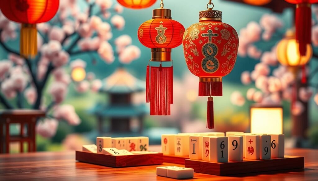 A vibrant display of lucky numbers in Chinese culture, prominently featuring the number 8, known for its auspicious significance. In the foreground, a beautifully crafted red lantern hangs, symbolizing good fortune, embellished with intricate golden designs. In the middle ground, a traditional mahjong set is arranged, highlighting numbers like 6 and 9, associated with smoothness and eternity respectively. The background features a blurred image of a serene Chinese garden with cherry blossoms, creating a sense of tranquility. Soft, warm lighting casts a gentle glow across the scene, enhancing the auspicious atmosphere. The angle should be slightly elevated, providing a clear view of the elements, evoking feelings of hope and positivity. A vibrant display of lucky numbers in Chinese culture, prominently featuring the number 8, known for its auspicious significance. In the foreground, a beautifully crafted red lantern hangs, symbolizing good fortune, embellished with intricate golden designs. In the middle ground, a traditional mahjong set is arranged, highlighting numbers like 6 and 9, associated with smoothness and eternity respectively. The background features a blurred image of a serene Chinese garden with cherry blossoms, creating a sense of tranquility. Soft, warm lighting casts a gentle glow across the scene, enhancing the auspicious atmosphere. The angle should be slightly elevated, providing a clear view of the elements, evoking feelings of hope and positivity.