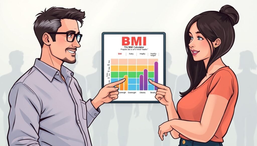 A vibrant illustration of the connection between Body Mass Index (BMI) and overall health. In the foreground, depict a professional-looking male and female duo, both in modest casual attire, engaged in conversation while pointing to a digital display of the NIH BMI Calculator. The middle section features visual representations of BMI categories such as underweight, healthy weight, overweight, and obesity, using color-coded charts or graphs. The background can include subtle outlines of human silhouettes in varying shapes, emphasizing the diversity of body types. Soft, natural lighting creates an inviting atmosphere, while a slight focus blur gives a sense of depth, directing attention to the foreground and middle elements. The overall mood is educational and supportive.