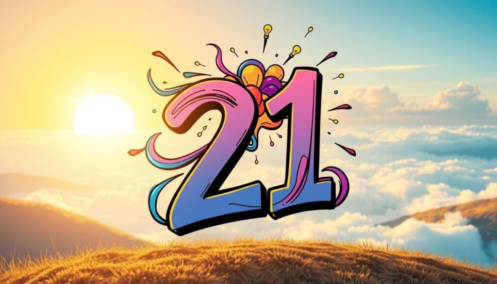 A vibrant illustration representing the energy and creativity of the number 21. In the foreground, an artistic interpretation of the number 21, stylized with flowing lines and colorful swirls that symbolize dynamism and innovation. The middle ground features an abstract representation of a brainstorm, with bright light bulbs and swirling colors. In the background, a dreamy landscape filled with soft clouds and a radiant sunrise, evoking inspiration and new beginnings. The lighting is bright and uplifting, casting a warm, golden glow over the scene. Shot from a slightly elevated angle to create depth, the atmosphere is one of positivity and expansiveness, inviting the viewer to explore the meaning behind the number 21.