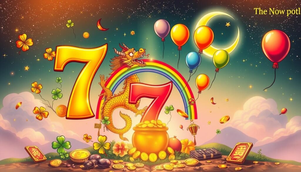 A vibrant illustration showcasing the concept of the number seven as a lucky symbol around the world. In the foreground, a large, gleaming number "7" surrounded by traditional lucky symbols such as four-leaf clovers, horseshoes, and gold coins. In the middle, incorporate diverse cultural elements: a Chinese dragon representing good fortune, a rainbow arching over a pot of gold, and seven colorful balloons floating upwards. The background fades into a soft, ethereal landscape with twinkling stars and a glowing crescent moon, enhancing the mystical atmosphere. Use warm, inviting lighting to create a sense of hope and positivity. Capture the scene from a slightly elevated angle to provide depth and perspective, while maintaining clarity on all elements. The mood should feel enchanting and uplifting, inviting viewers to explore the significance of the number seven. A vibrant illustration showcasing the concept of the number seven as a lucky symbol around the world. In the foreground, a large, gleaming number "7" surrounded by traditional lucky symbols such as four-leaf clovers, horseshoes, and gold coins. In the middle, incorporate diverse cultural elements: a Chinese dragon representing good fortune, a rainbow arching over a pot of gold, and seven colorful balloons floating upwards. The background fades into a soft, ethereal landscape with twinkling stars and a glowing crescent moon, enhancing the mystical atmosphere. Use warm, inviting lighting to create a sense of hope and positivity. Capture the scene from a slightly elevated angle to provide depth and perspective, while maintaining clarity on all elements. The mood should feel enchanting and uplifting, inviting viewers to explore the significance of the number seven.