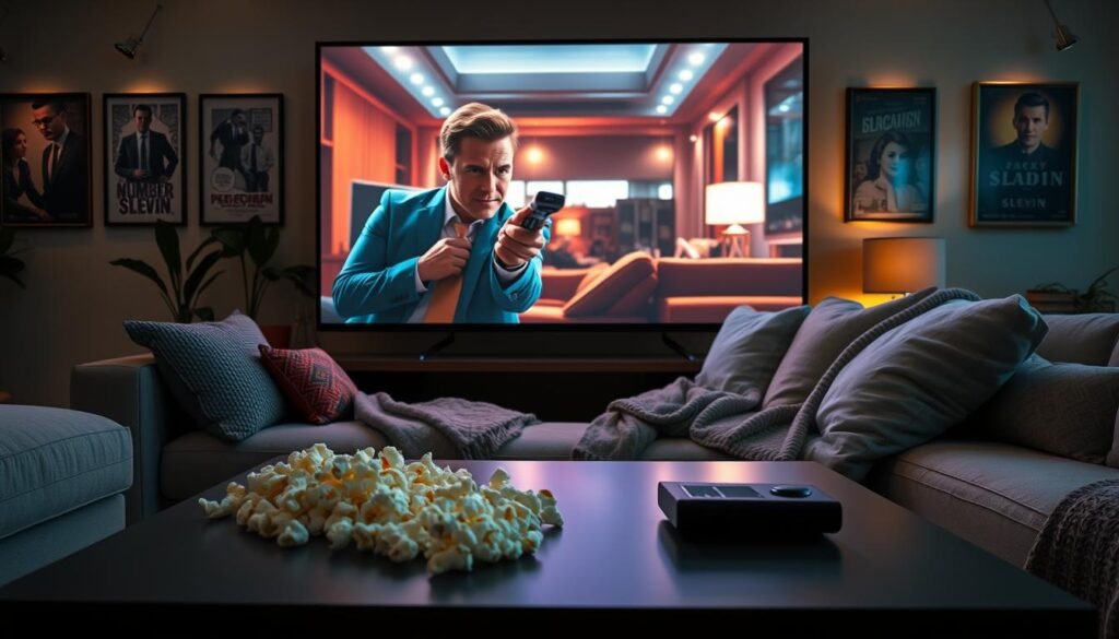 A vibrant, modern living room scene featuring a large flat-screen TV playing a dramatic scene from the movie "Lucky Number Slevin." In the foreground, a sleek coffee table is adorned with popcorn and a remote control, emphasizing the cozy atmosphere of a movie night. In the middle, the couch is filled with plush pillows and a soft throw blanket, inviting relaxation. The background includes stylish decor, like framed movie posters and ambient lighting, creating a warm, inviting glow. The overall mood is relaxed and cinematic, evoking a sense of excitement for viewers seeking to watch the film. The lighting is soft, mimicking a comfortable evening setting, and the image is captured at a slightly angled perspective for depth. A vibrant, modern living room scene featuring a large flat-screen TV playing a dramatic scene from the movie "Lucky Number Slevin." In the foreground, a sleek coffee table is adorned with popcorn and a remote control, emphasizing the cozy atmosphere of a movie night. In the middle, the couch is filled with plush pillows and a soft throw blanket, inviting relaxation. The background includes stylish decor, like framed movie posters and ambient lighting, creating a warm, inviting glow. The overall mood is relaxed and cinematic, evoking a sense of excitement for viewers seeking to watch the film. The lighting is soft, mimicking a comfortable evening setting, and the image is captured at a slightly angled perspective for depth.