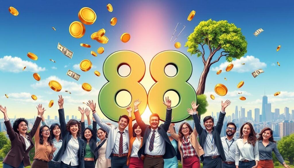 A vibrant representation of the number "88" prominently displayed at the center, surrounded by symbols of wealth and prosperity such as gold coins, dollar bills, and a lush green tree symbolizing financial growth. In the foreground, a diverse group of individuals dressed in professional business attire and modest casual clothing are joyfully celebrating success, with expressions of happiness and accomplishment. The middle ground features a rising sun, casting a warm golden light that enhances the ambiance of optimism and abundance. The background depicts a skyline of a bustling city, symbolizing opportunity and progress. The overall mood is lively and uplifting, evoking feelings of hope and achievement, captured from a slightly elevated angle to emphasize the grandeur of the scene. A vibrant representation of the number "88" prominently displayed at the center, surrounded by symbols of wealth and prosperity such as gold coins, dollar bills, and a lush green tree symbolizing financial growth. In the foreground, a diverse group of individuals dressed in professional business attire and modest casual clothing are joyfully celebrating success, with expressions of happiness and accomplishment. The middle ground features a rising sun, casting a warm golden light that enhances the ambiance of optimism and abundance. The background depicts a skyline of a bustling city, symbolizing opportunity and progress. The overall mood is lively and uplifting, evoking feelings of hope and achievement, captured from a slightly elevated angle to emphasize the grandeur of the scene.