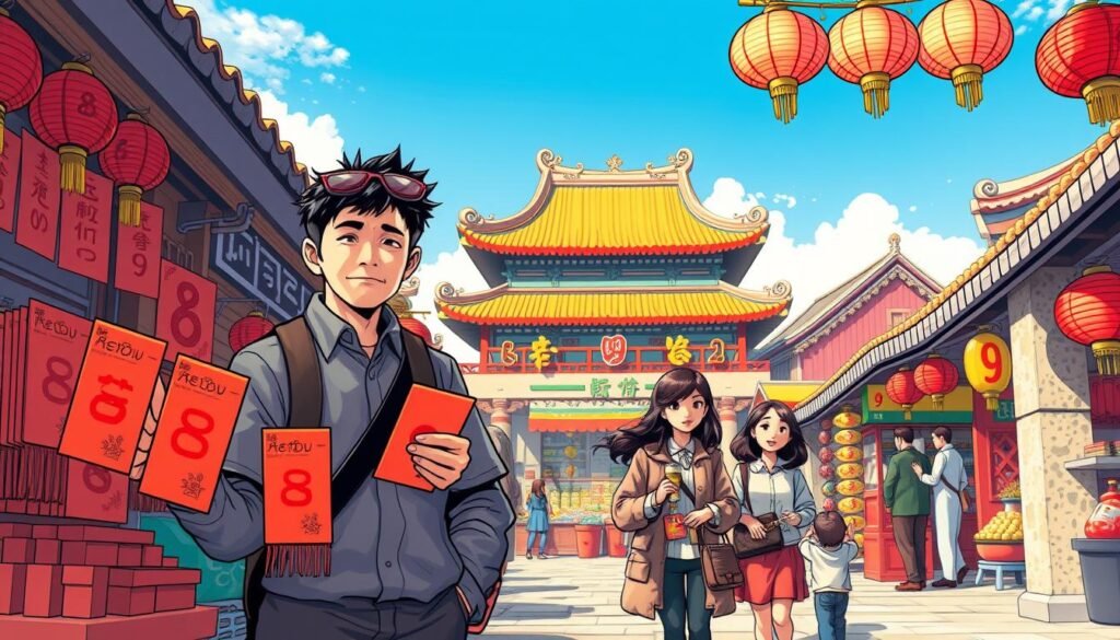 A vibrant scene depicting a bustling street market in China, focusing on how lucky numbers influence everyday life. In the foreground, a merchant displays traditional red envelopes, prominently featuring the number 8, which symbolizes good fortune. Nearby, a family of four, dressed in modest casual clothing, discusses their purchases, with their young child holding a lucky charm shaped like the number 8. In the middle ground, various stalls are adorned with decorative banners showcasing auspicious numbers like 6 and 9. The background reveals traditional Chinese architecture under a clear blue sky, with festive lanterns hanging overhead, adding a joyful atmosphere. Use warm, soft lighting to evoke a harmonious, optimistic mood, with a shallow depth of field to draw focus on the lucky number imagery. A vibrant scene depicting a bustling street market in China, focusing on how lucky numbers influence everyday life. In the foreground, a merchant displays traditional red envelopes, prominently featuring the number 8, which symbolizes good fortune. Nearby, a family of four, dressed in modest casual clothing, discusses their purchases, with their young child holding a lucky charm shaped like the number 8. In the middle ground, various stalls are adorned with decorative banners showcasing auspicious numbers like 6 and 9. The background reveals traditional Chinese architecture under a clear blue sky, with festive lanterns hanging overhead, adding a joyful atmosphere. Use warm, soft lighting to evoke a harmonious, optimistic mood, with a shallow depth of field to draw focus on the lucky number imagery.