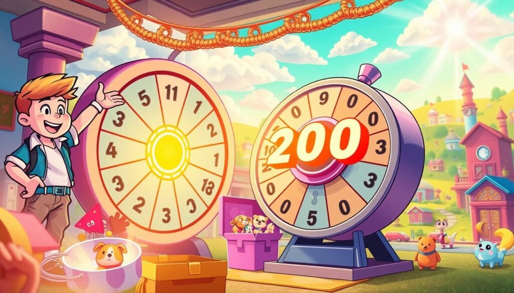 A vibrant scene set inside a colorful and lively virtual game world inspired by "Adopt Me," featuring a whimsical jackpot number reveal. In the foreground, a glowing, oversized lottery wheel spins, with a highlighted winning number illuminated in bright gold. To the left, a character dressed in casual game attire excitedly points at the jackpot, their face expressing joy and anticipation. The middle ground shows playful pets and animated in-game items contained in stylish, fantastical boxes. In the background, a bright, cheerful landscape filled with colorful buildings, fluffy clouds, and cheerful game characters creates an inviting atmosphere. Soft, warm lighting enhances the jubilant mood, with a slight lens flare effect adding a magical touch, resembling a joyful moment in a fantastical dreamland.