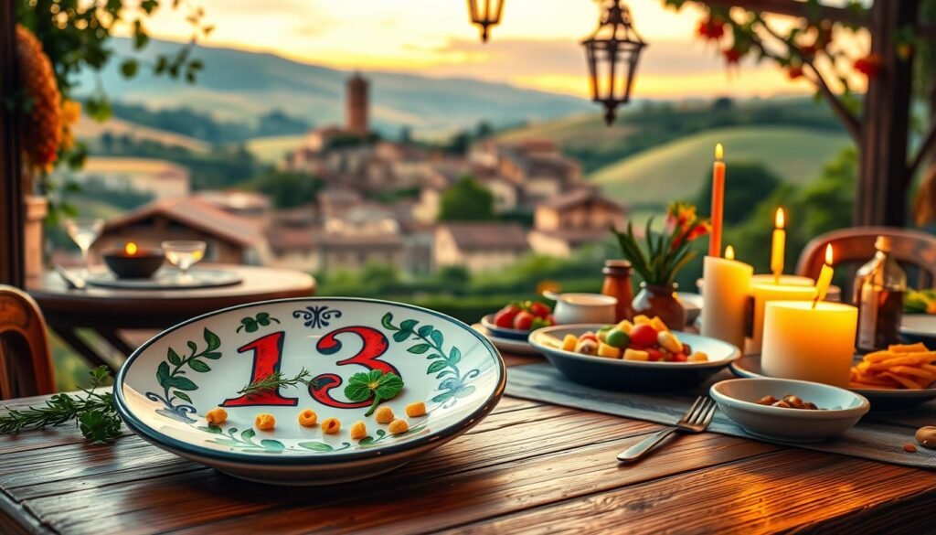 A vibrant scene showcasing the number 13 as a central element inspiring Italian traditions and symbols. In the foreground, a beautifully designed ceramic plate with the number 13 artistically rendered in traditional Italian style, surrounded by symbolic items like a four-leaf clover, a sprig of rosemary, and small pasta shapes. The middle ground features a rustic wooden table set for a celebratory meal, adorned with colorful Italian cuisine, candles, and festive decorations. In the background, a picturesque village with rolling hills, capturing a warm sunset that bathes the landscape in golden hues. The atmosphere is joyful and lively, evoking a sense of cultural heritage and celebration. Soft, warm lighting creates an inviting ambiance, enhancing the details of the traditions and symbols.