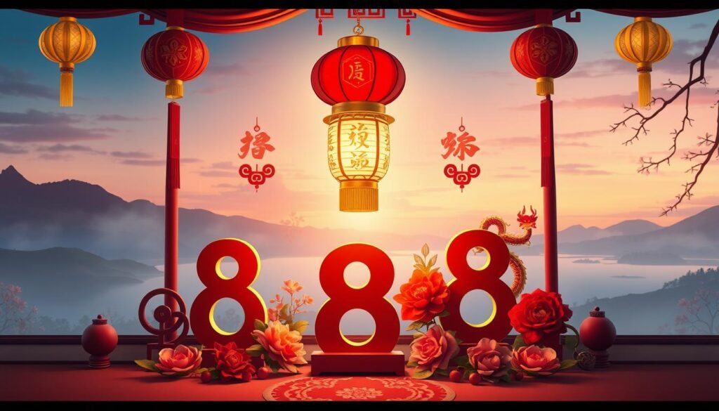 A vibrant scene showcasing the significance of the number 8 in Chinese culture. In the foreground, elegantly arranged red and gold décor featuring the number 8, symbolizing prosperity and good fortune. In the middle, a traditional Chinese lantern emitting a warm, inviting glow, casting soft shadows. Surrounding it are subtle motifs of dragons and peonies, representing strength and beauty. The background features a serene landscape with rolling hills and a tranquil lake reflecting the twilight sky, enhancing the peaceful atmosphere. Soft, diffused lighting highlights the richness of the colors, creating a harmonious, festive mood. The image conveys a sense of celebration and reverence for this auspicious number, perfectly encapsulating its importance. A vibrant scene showcasing the significance of the number 8 in Chinese culture. In the foreground, elegantly arranged red and gold décor featuring the number 8, symbolizing prosperity and good fortune. In the middle, a traditional Chinese lantern emitting a warm, inviting glow, casting soft shadows. Surrounding it are subtle motifs of dragons and peonies, representing strength and beauty. The background features a serene landscape with rolling hills and a tranquil lake reflecting the twilight sky, enhancing the peaceful atmosphere. Soft, diffused lighting highlights the richness of the colors, creating a harmonious, festive mood. The image conveys a sense of celebration and reverence for this auspicious number, perfectly encapsulating its importance.