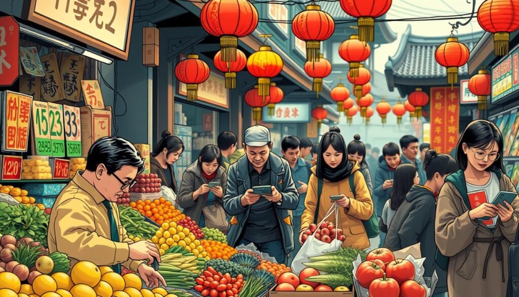 A vibrant street scene in a Chinese market, illustrating the importance of numbers in daily life. In the foreground, a vendor is skillfully arranging fresh produce with colorful prices displayed prominently, emphasizing the significance of numbers. In the middle, shoppers of diverse ages examine items, some observing lucky number decorations, while others use calculators to assess costs. The background features traditional architecture and red lanterns, symbolizing prosperity. Soft, warm lighting bathes the scene, with a slight bokeh effect to enhance focus on the interactions. The mood is lively and bustling, showcasing the harmony between numbers and culture in everyday interactions. A vibrant street scene in a Chinese market, illustrating the importance of numbers in daily life. In the foreground, a vendor is skillfully arranging fresh produce with colorful prices displayed prominently, emphasizing the significance of numbers. In the middle, shoppers of diverse ages examine items, some observing lucky number decorations, while others use calculators to assess costs. The background features traditional architecture and red lanterns, symbolizing prosperity. Soft, warm lighting bathes the scene, with a slight bokeh effect to enhance focus on the interactions. The mood is lively and bustling, showcasing the harmony between numbers and culture in everyday interactions.