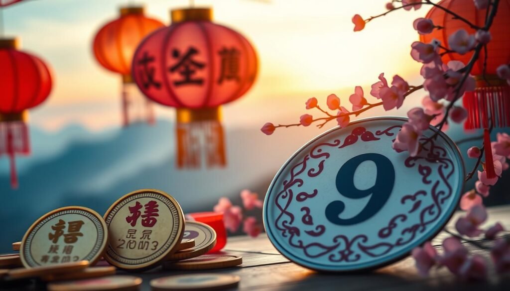 A vibrant, visually captivating image depicting the concept of lucky numbers in Chinese culture. In the foreground, showcase traditional Chinese coins inscribed with the characters for "wealth" and "prosperity," surrounded by colorful lanterns that symbolize good fortune. In the middle ground, include elegantly arranged cherry blossoms, which represent renewal and happiness, alongside a decorative plate with the prominent numbers 8 and 9, recognized as particularly auspicious. The background features a serene mountainous landscape at dusk, bathed in soft, warm golden light, evoking a sense of peace and prosperity. Use a soft focus lens effect to enhance the dreamy atmosphere, capturing the essence of luck and positivity associated with these numbers in Chinese culture. A vibrant, visually captivating image depicting the concept of lucky numbers in Chinese culture. In the foreground, showcase traditional Chinese coins inscribed with the characters for "wealth" and "prosperity," surrounded by colorful lanterns that symbolize good fortune. In the middle ground, include elegantly arranged cherry blossoms, which represent renewal and happiness, alongside a decorative plate with the prominent numbers 8 and 9, recognized as particularly auspicious. The background features a serene mountainous landscape at dusk, bathed in soft, warm golden light, evoking a sense of peace and prosperity. Use a soft focus lens effect to enhance the dreamy atmosphere, capturing the essence of luck and positivity associated with these numbers in Chinese culture.