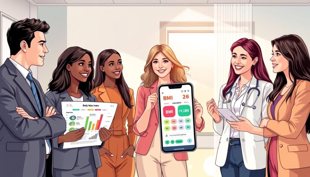 A visually appealing and informative illustration depicting the concept of Body Mass Index (BMI). In the foreground, a diverse group of three professionals—one male and two females—dressed in smart business attire, are engaged in a lively discussion while examining a colorful infographic about BMI. The middle layer features a well-designed BMI calculator application on a smartphone, emphasizing its user-friendly interface. In the background, a serene health clinic environment with soft, natural lighting creates a calming atmosphere. Light streams in through a window, casting gentle shadows and highlighting the importance of tracking health. The overall mood is educational and supportive, encouraging viewers to understand and take charge of their health through awareness of BMI. A visually appealing and informative illustration depicting the concept of Body Mass Index (BMI). In the foreground, a diverse group of three professionals—one male and two females—dressed in smart business attire, are engaged in a lively discussion while examining a colorful infographic about BMI. The middle layer features a well-designed BMI calculator application on a smartphone, emphasizing its user-friendly interface. In the background, a serene health clinic environment with soft, natural lighting creates a calming atmosphere. Light streams in through a window, casting gentle shadows and highlighting the importance of tracking health. The overall mood is educational and supportive, encouraging viewers to understand and take charge of their health through awareness of BMI.