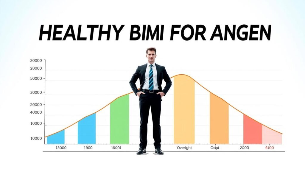 A visually appealing chart displaying healthy BMI ranges specifically for men. In the foreground, clear and distinct lines divide the chart into sections representing different BMI categories: underweight, normal weight, overweight, and obesity. Each section is color-coded for easy reference, using blues, greens, yellows, and reds. In the middle, a stylized silhouette of a fit man in professional business attire, representing a healthy individual, stands beside the chart, showcasing overall health. The background features a soft gradient of light blue to white, creating an uplifting and motivational atmosphere. Bright, natural lighting enhances the clarity of the chart, while a slight vignette draws focus to the center. The overall mood is encouraging and informative, aimed at promoting awareness of healthy BMI ranges for men. A visually appealing chart displaying healthy BMI ranges specifically for men. In the foreground, clear and distinct lines divide the chart into sections representing different BMI categories: underweight, normal weight, overweight, and obesity. Each section is color-coded for easy reference, using blues, greens, yellows, and reds. In the middle, a stylized silhouette of a fit man in professional business attire, representing a healthy individual, stands beside the chart, showcasing overall health. The background features a soft gradient of light blue to white, creating an uplifting and motivational atmosphere. Bright, natural lighting enhances the clarity of the chart, while a slight vignette draws focus to the center. The overall mood is encouraging and informative, aimed at promoting awareness of healthy BMI ranges for men.