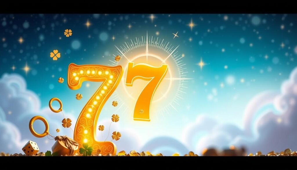 A visually appealing composition illustrating the concept of "Lucky Number." In the foreground, a large, shining golden number seven, adorned with intricate patterns and gems, symbolizes luck. Surrounding the number are smaller symbols like four-leaf clovers, horseshoes, and dice, softly glowing in a warm light. In the middle layer, a mystical, translucent aura emanates from the number, hinting at an ethereal quality. The background features a dreamy, whimsical sky filled with sparkling stars and a gradient of soft blues and purples, enhancing the magical atmosphere. The lighting is soft yet enchanting, creating a serene and hopeful mood. A slight depth of field focuses on the lucky number while blurring the background subtly, inviting viewers to explore the meaning of luck. A visually appealing composition illustrating the concept of "Lucky Number." In the foreground, a large, shining golden number seven, adorned with intricate patterns and gems, symbolizes luck. Surrounding the number are smaller symbols like four-leaf clovers, horseshoes, and dice, softly glowing in a warm light. In the middle layer, a mystical, translucent aura emanates from the number, hinting at an ethereal quality. The background features a dreamy, whimsical sky filled with sparkling stars and a gradient of soft blues and purples, enhancing the magical atmosphere. The lighting is soft yet enchanting, creating a serene and hopeful mood. A slight depth of field focuses on the lucky number while blurring the background subtly, inviting viewers to explore the meaning of luck.