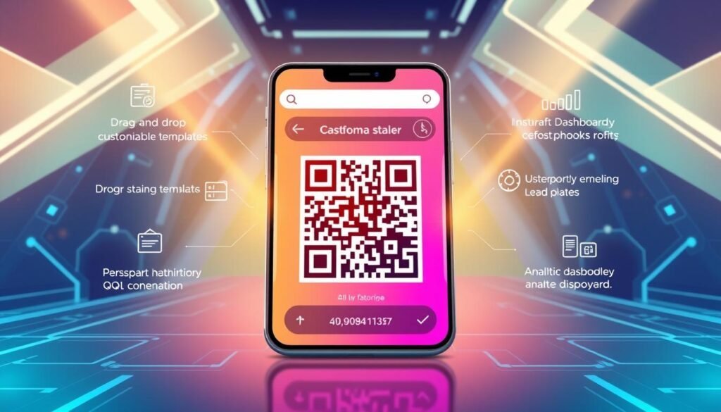 A visually appealing digital illustration showcasing the key features of an effective free online QR code generator. In the foreground, prominently display a stylized QR code on a sleek, modern smartphone with vibrant colors to highlight its dynamic design. In the middle, incorporate intuitive UI elements like drag-and-drop functionality, customizable templates, and analytics dashboards, depicted through user-friendly icons and illustrations. In the background, create an abstract tech-inspired environment with geometric shapes and light rays, symbolizing innovation and accessibility. Use soft, natural lighting to enhance the atmosphere, giving it a clean, professional feel. The overall mood should be engaging and informative, inviting viewers to explore the functionalities of QR code generators. A visually appealing digital illustration showcasing the key features of an effective free online QR code generator. In the foreground, prominently display a stylized QR code on a sleek, modern smartphone with vibrant colors to highlight its dynamic design. In the middle, incorporate intuitive UI elements like drag-and-drop functionality, customizable templates, and analytics dashboards, depicted through user-friendly icons and illustrations. In the background, create an abstract tech-inspired environment with geometric shapes and light rays, symbolizing innovation and accessibility. Use soft, natural lighting to enhance the atmosphere, giving it a clean, professional feel. The overall mood should be engaging and informative, inviting viewers to explore the functionalities of QR code generators.