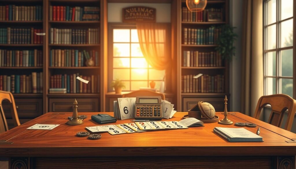 A visually appealing illustration of "Lucky Number Calculation Steps," featuring an elegant wooden table in the foreground adorned with symbolic numbers and mathematical tools. In the middle, display a beautifully arranged array of colorful number cards and a vintage calculator, with a gentle breeze fluttering some papers. In the background, softly blurred shelves filled with books on numerology and astrology create a cozy learning atmosphere. Use warm lighting to evoke a sense of enlightenment, with golden hour sunlight streaming through a nearby window, casting soft shadows. The overall mood should be inviting and motivational, inspiring viewers to delve into their personal journey of discovering their lucky numbers. No text or branding should appear in the image. A visually appealing illustration of "Lucky Number Calculation Steps," featuring an elegant wooden table in the foreground adorned with symbolic numbers and mathematical tools. In the middle, display a beautifully arranged array of colorful number cards and a vintage calculator, with a gentle breeze fluttering some papers. In the background, softly blurred shelves filled with books on numerology and astrology create a cozy learning atmosphere. Use warm lighting to evoke a sense of enlightenment, with golden hour sunlight streaming through a nearby window, casting soft shadows. The overall mood should be inviting and motivational, inspiring viewers to delve into their personal journey of discovering their lucky numbers. No text or branding should appear in the image.