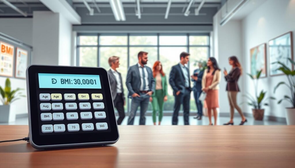 A visually appealing illustration of a BMI calculator designed for different age groups, set in a modern, clean office environment. In the foreground, a sleek digital calculator with a vibrant screen displaying various age categories and corresponding BMI ranges. The middle layer features a diverse group of adults in professional attire, engaged in thoughtful discussion, analyzing their BMI results. In the background, a large window allows natural light to filter in, enhancing the open atmosphere. The setting is further decorated with health-related posters and plants, creating a lively and informative space. Use soft, natural lighting to evoke a sense of positivity and focus, capturing the essence of health awareness and fitness.