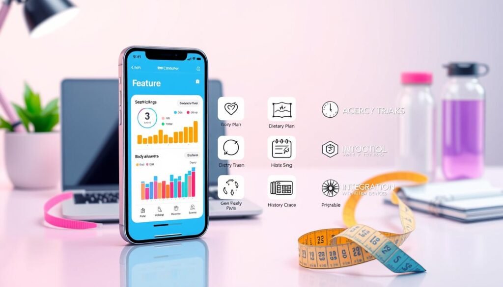 A visually appealing illustration showcasing key features of BMI calculator apps, arranged in an informative layout. In the foreground, depict a smartphone displaying a sleek BMI calculator interface, featuring user-friendly charts for body measurements, a progress tracker, and detailed health insights. In the middle ground, include icons representing essential features like a dietary plan, history tracking, and integration with fitness devices. The background should be a subtle, softly blurred workspace setting, with a laptop and fitness-related items like a water bottle and measuring tape, creating an atmosphere of health and wellness. Aim for bright, inviting lighting to evoke a sense of motivation and positivity, captured with a slight overhead angle for clarity and focus on the app features.