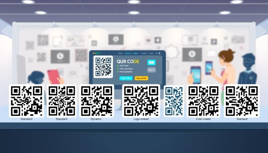 A visually appealing infographic showcasing various types of QR codes that can be created using a generator platform. In the foreground, depict distinct QR code styles like standard, dynamic, logo-embedded, and color-customized QR codes arranged attractively. The middle layer should show a user-friendly interface of a QR code generator, highlighting interactive elements like buttons or icons, suggesting simplicity and speed. In the background, include subtle images of mobile devices scanning the QR codes, creating a sense of action and utility. Use bright, friendly lighting to convey a modern and innovative atmosphere, with a focus on clarity and ease of understanding. The composition should be clean and organized for easy viewing, avoiding clutter while emphasizing the diversity of QR code options. A visually appealing infographic showcasing various types of QR codes that can be created using a generator platform. In the foreground, depict distinct QR code styles like standard, dynamic, logo-embedded, and color-customized QR codes arranged attractively. The middle layer should show a user-friendly interface of a QR code generator, highlighting interactive elements like buttons or icons, suggesting simplicity and speed. In the background, include subtle images of mobile devices scanning the QR codes, creating a sense of action and utility. Use bright, friendly lighting to convey a modern and innovative atmosphere, with a focus on clarity and ease of understanding. The composition should be clean and organized for easy viewing, avoiding clutter while emphasizing the diversity of QR code options.