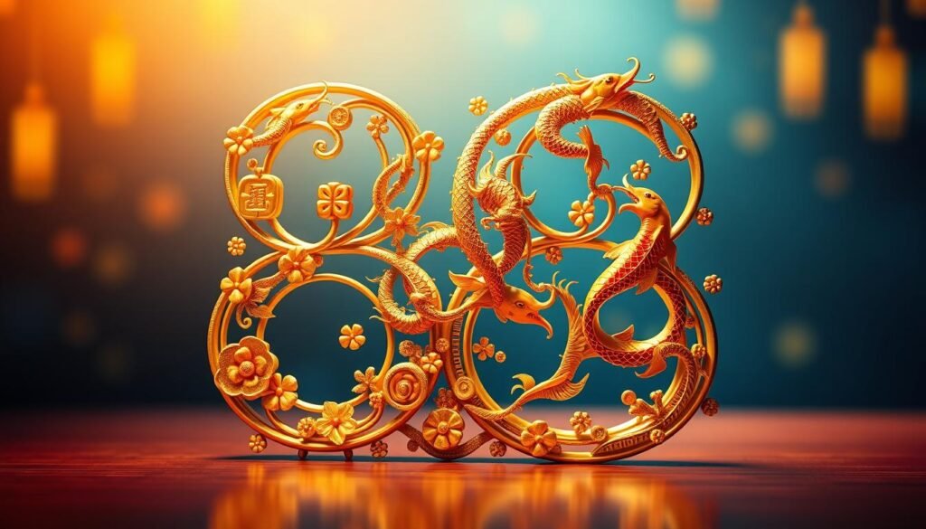 A visually appealing representation of the number 88, intricately designed with vibrant colors symbolizing luck and prosperity. In the foreground, the number 88 is artistically crafted in gold, surrounded by small motifs such as four-leaf clovers, coins, and lucky charms. The middle layer features a subtle blend of Chinese dragons and koi fish, representing strength and perseverance, gracefully weaving around the number. The background is a soft gradient of deep blue and gold, evoking a sense of tranquility and fortune. The lighting is warm and inviting, casting gentle shadows that enhance the 3D effect of the number. The atmosphere is optimistic and celebratory, perfect for conveying the theme of luck, while maintaining an overall professional and sophisticated aesthetic. A visually appealing representation of the number 88, intricately designed with vibrant colors symbolizing luck and prosperity. In the foreground, the number 88 is artistically crafted in gold, surrounded by small motifs such as four-leaf clovers, coins, and lucky charms. The middle layer features a subtle blend of Chinese dragons and koi fish, representing strength and perseverance, gracefully weaving around the number. The background is a soft gradient of deep blue and gold, evoking a sense of tranquility and fortune. The lighting is warm and inviting, casting gentle shadows that enhance the 3D effect of the number. The atmosphere is optimistic and celebratory, perfect for conveying the theme of luck, while maintaining an overall professional and sophisticated aesthetic.
