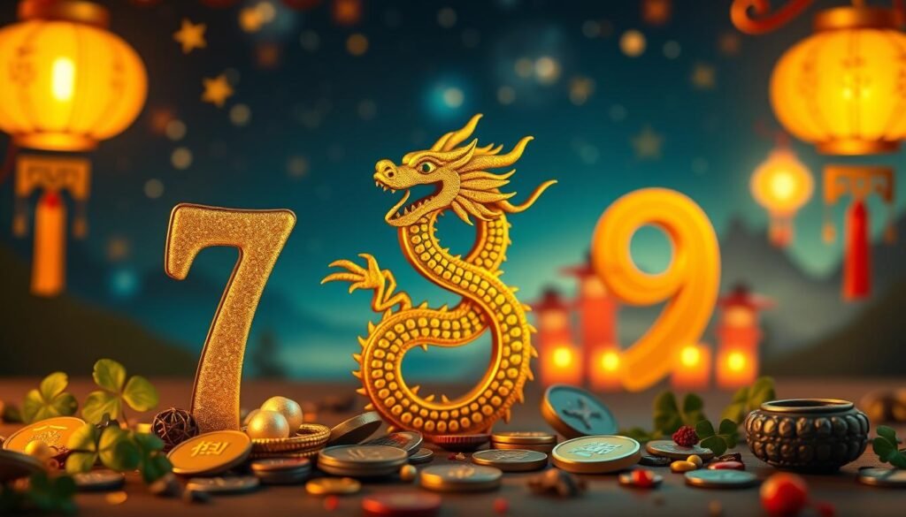 A visually captivating composition featuring popular lucky numbers symbolized through unique artifacts and representations. In the foreground, display the number 7 made of shimmering gold, surrounded by small tokens of good fortune such as four-leaf clovers and ancient coins. The middle layer features the number 8, intertwined with a beautiful dragon motif, exuding strength and prosperity. In the background, softly illuminated by warm, ethereal lights, depict culturally significant numbers like 3 and 9, illustrated within a mystical landscape, with stars and subtly glowing lanterns. The atmosphere is enchanting and inviting, creating a sense of wonder and luck. Use a high-resolution format with soft focus effects, and a slight tilt-shift lens to enhance depth while maintaining clarity in the details. A visually captivating composition featuring popular lucky numbers symbolized through unique artifacts and representations. In the foreground, display the number 7 made of shimmering gold, surrounded by small tokens of good fortune such as four-leaf clovers and ancient coins. The middle layer features the number 8, intertwined with a beautiful dragon motif, exuding strength and prosperity. In the background, softly illuminated by warm, ethereal lights, depict culturally significant numbers like 3 and 9, illustrated within a mystical landscape, with stars and subtly glowing lanterns. The atmosphere is enchanting and inviting, creating a sense of wonder and luck. Use a high-resolution format with soft focus effects, and a slight tilt-shift lens to enhance depth while maintaining clarity in the details.